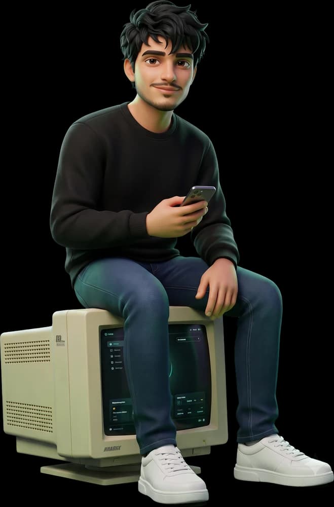 Shwetank Rai 3D retro tech avatar sitting on a vintage CRT monitor with phone